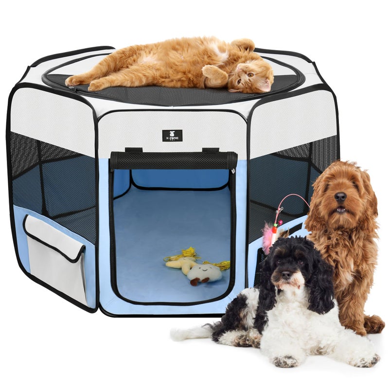 X-ZONE PET Dog Playpen Portable Pet Play Pens for Puppies, Cat, Rabbit, Chicks, Foldable Exercise Play Tent Kennel Crate, Indoor/Outdoor Travel Camping Blue Large - Image 1